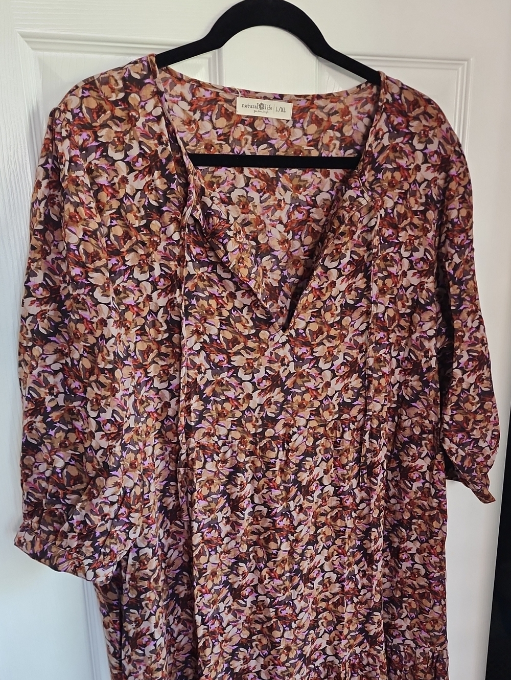 NATURAL LIFE Brown & Purple Floral V-Neck Women’s Dress L/XL